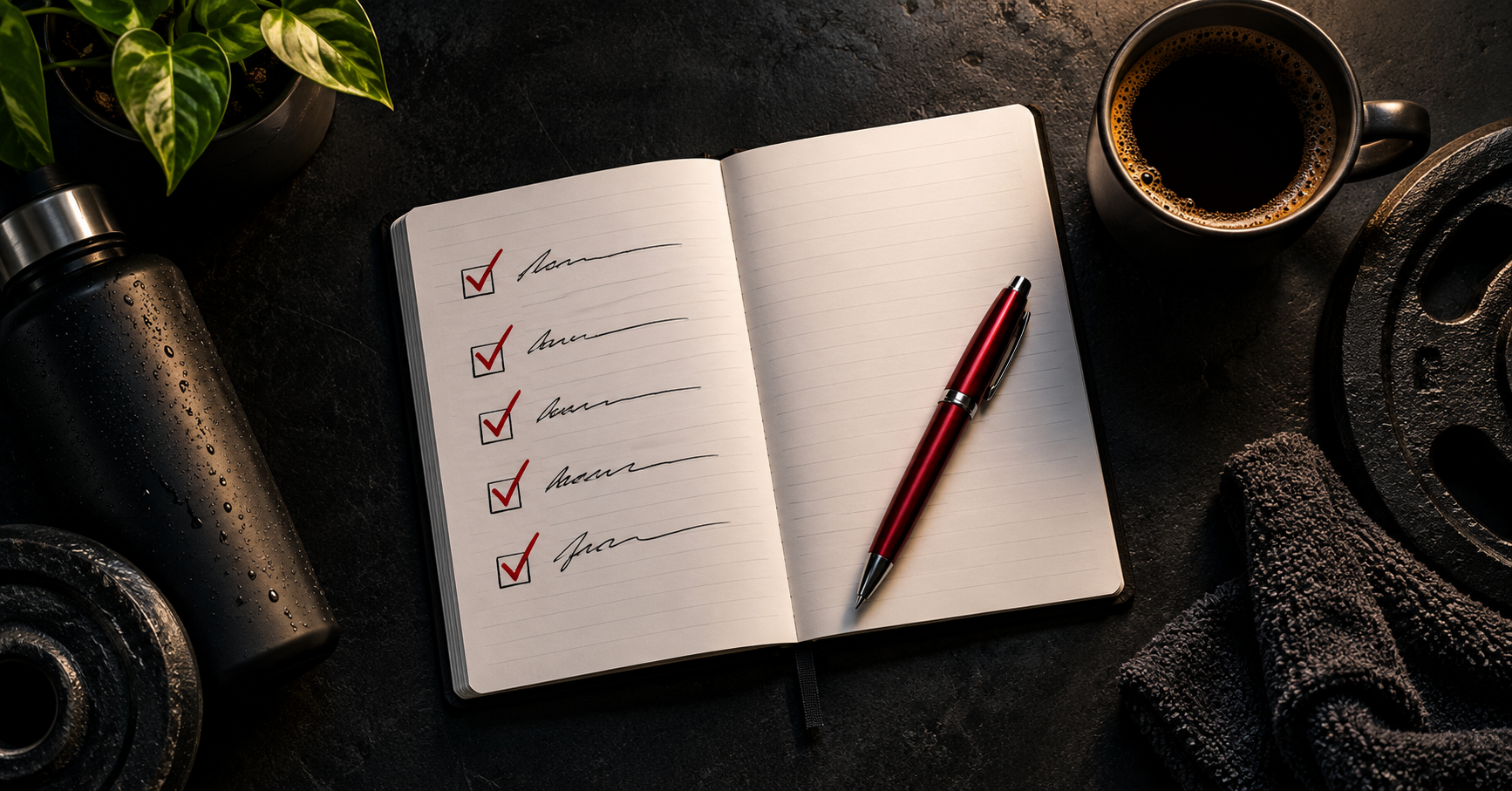 Notebook with five-item checklist and crimson pen on dark desk — non-negotiable daily routine Power List