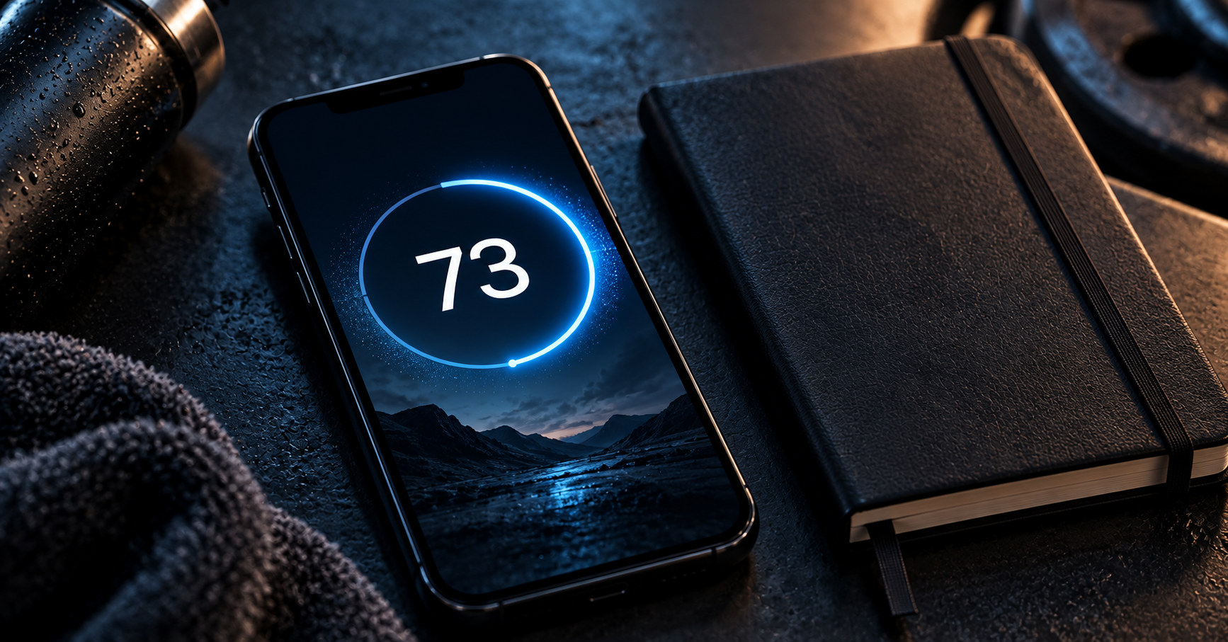 Phone showing 73-day streak counter on dark background — accountability and streak tracking after 40