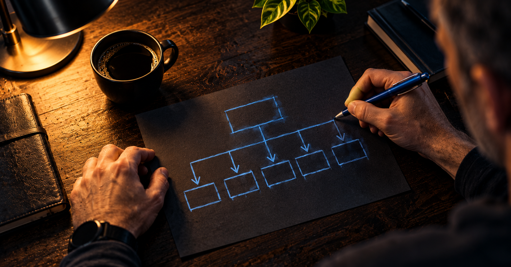 Hands drawing a flowchart on dark paper in warm amber light — goal setting framework that drives action