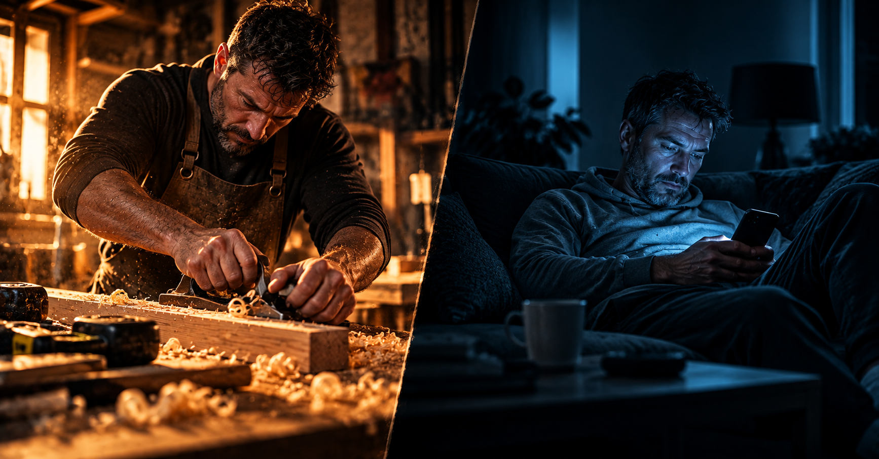 Split image of man building in workshop light vs man scrolling phone in blue light — operators vs dreamers mindset
