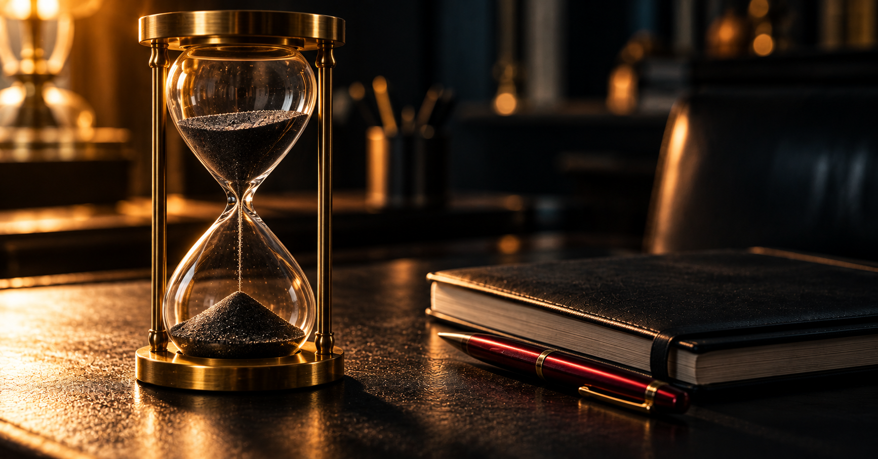 Brass hourglass with dark sand falling on leather desk — time management for entrepreneurs and operators