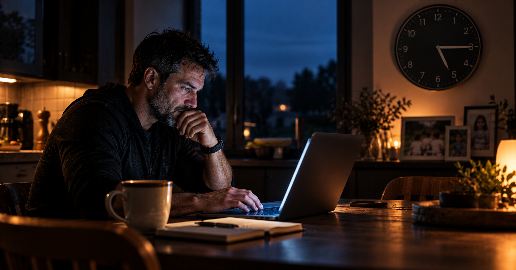Man working on laptop at kitchen table before dawn — building a side business while working full-time after 40