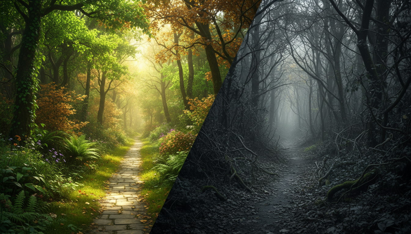 Fork in a forest path with one side sunlit and the other shadowed representing daily choices that speed up or slow ageing