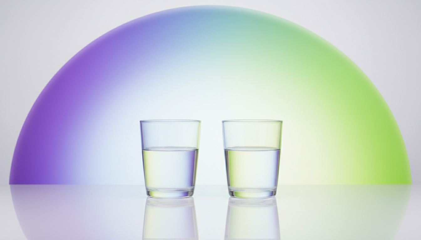 Two glasses of water with colour gradient strips representing a comparison of alkaline ionised water against another water system