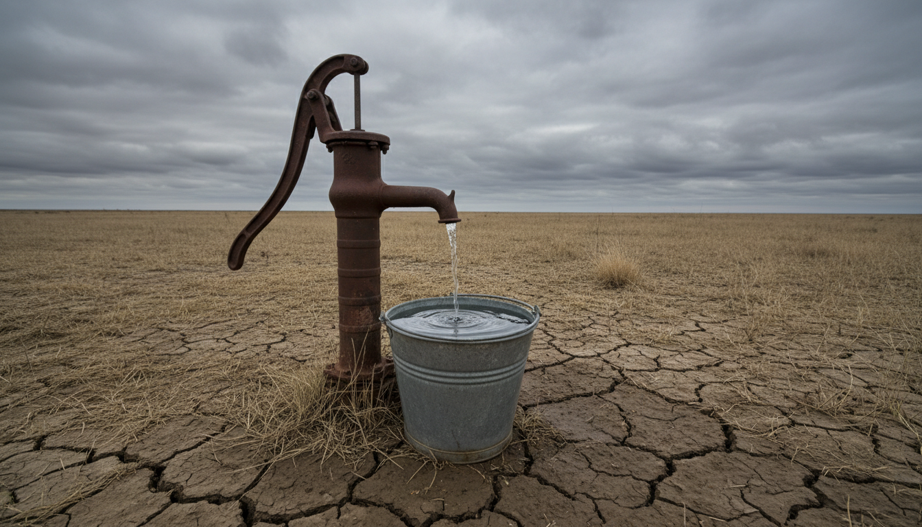 Old rural well pump and bucket of water in a dry landscape representing hidden arsenic in groundwater supplies