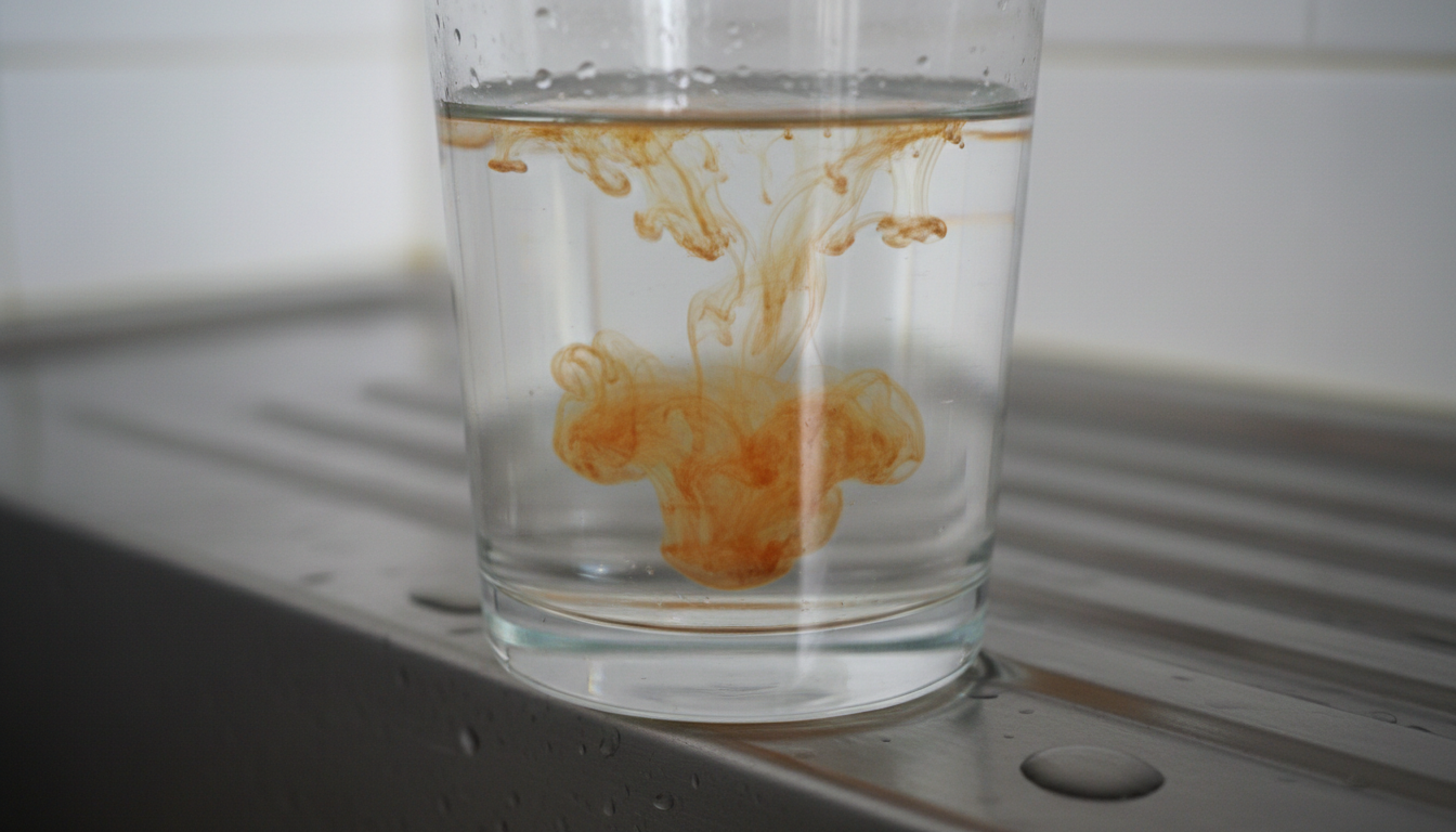 Water glass with faint yellow-orange swirls of contamination illustrating chromium-6 in drinking water