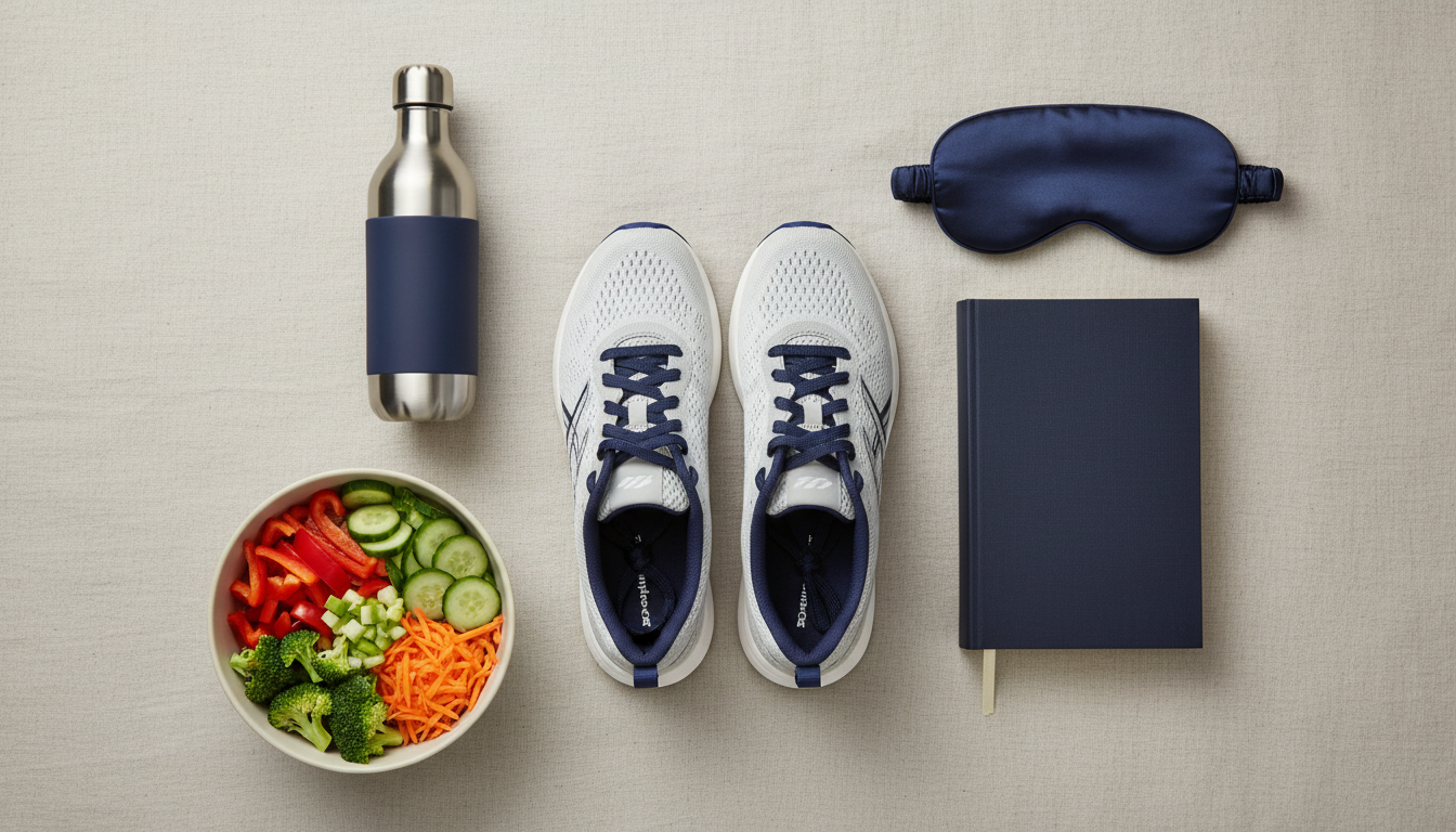 Flat lay of daily healthy habit items including running shoes, a water bottle, vegetables, a book and a sleep mask