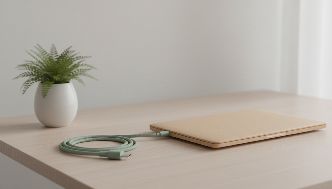 Unplugged phone charger cable coiled beside a closed laptop and a plant representing a dopamine detox