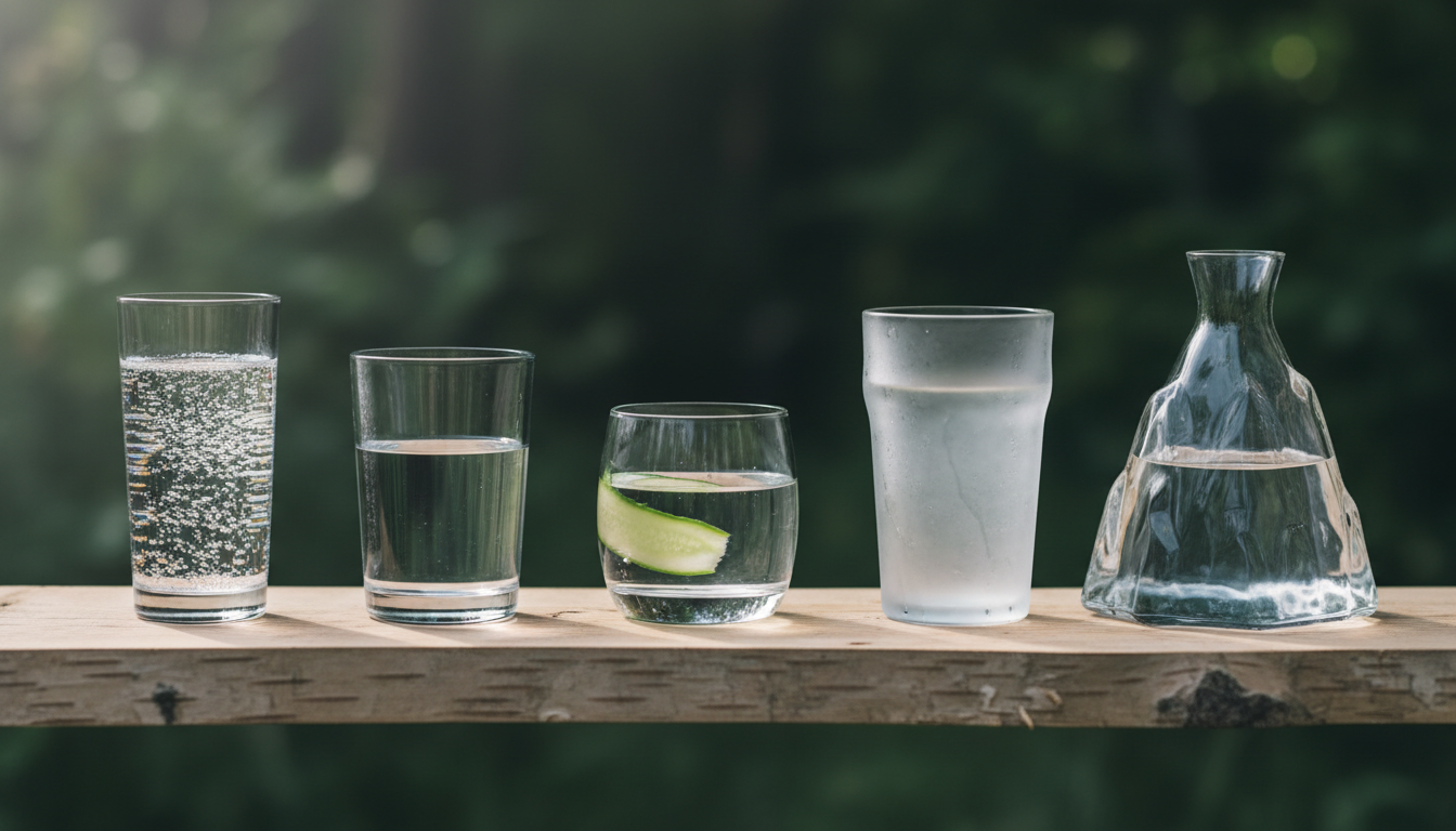 Row of glasses holding spring, filtered, sparkling and tap water representing a guide to the healthiest water to drink