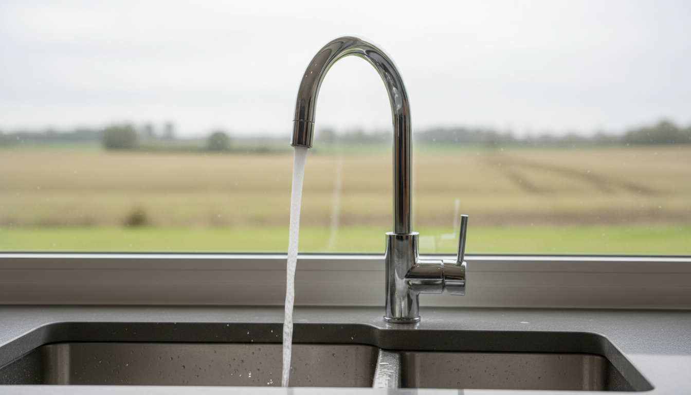 Kitchen tap running water with farmland visible through the window behind representing herbicide residues in tap water