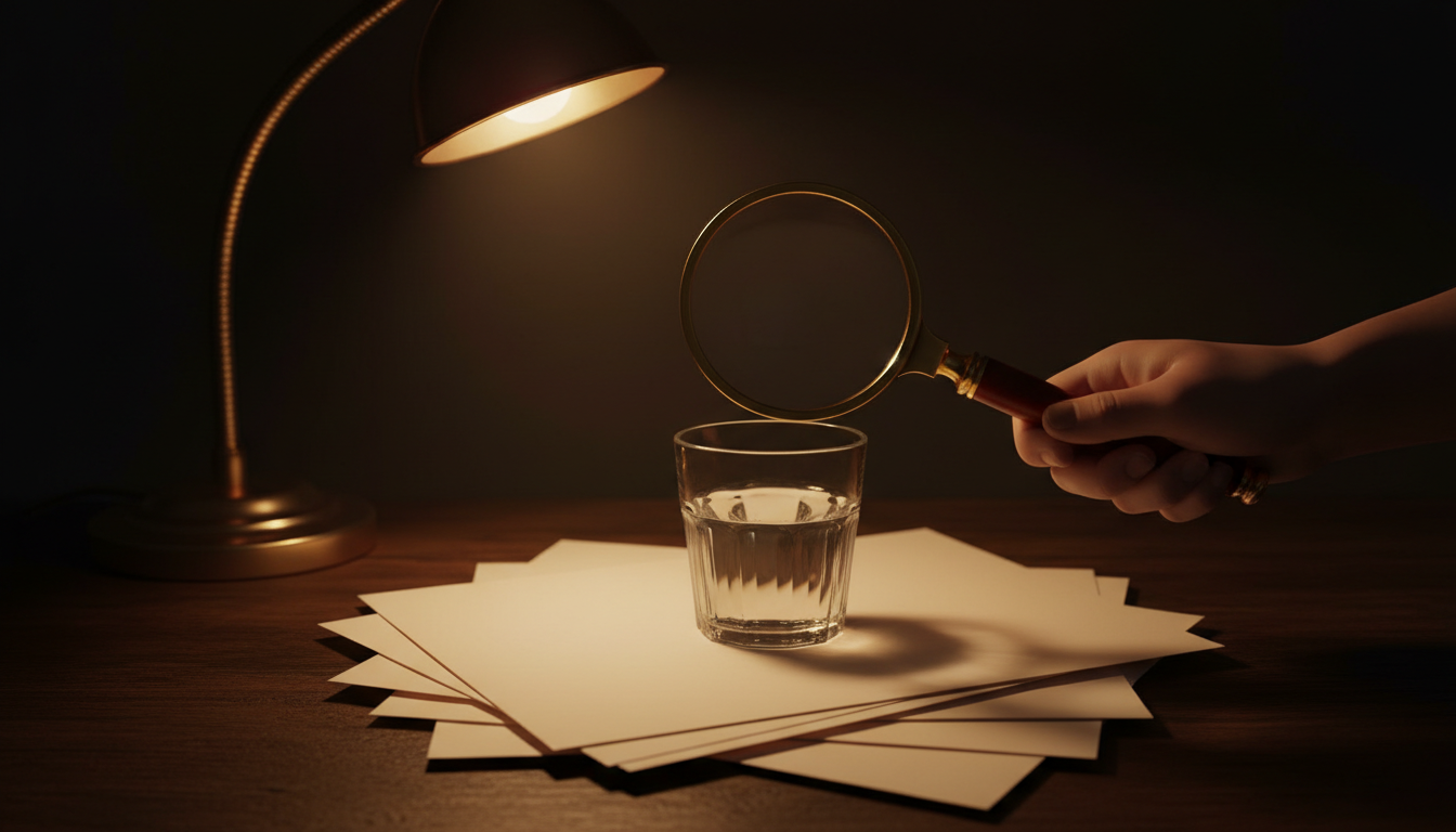 Magnifying glass over a glass of water on a desk of research papers representing an honest look at the evidence