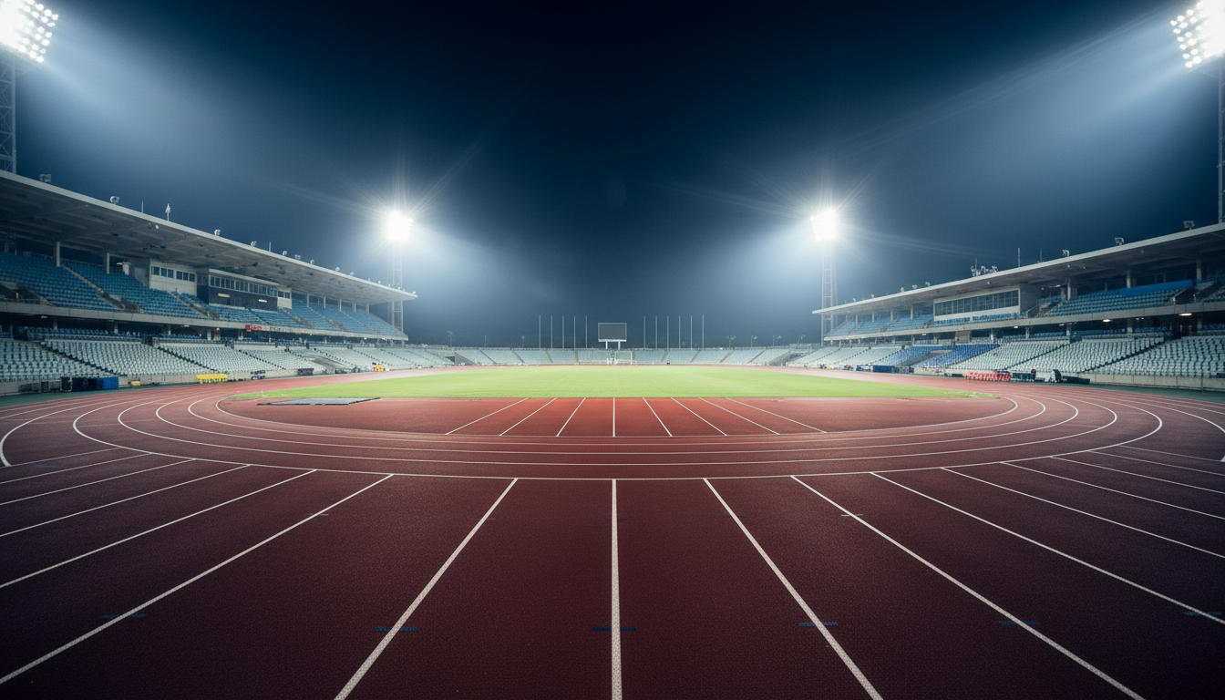 Empty floodlit stadium track at night with lane lines stretching ahead representing the mental training of elite athletes