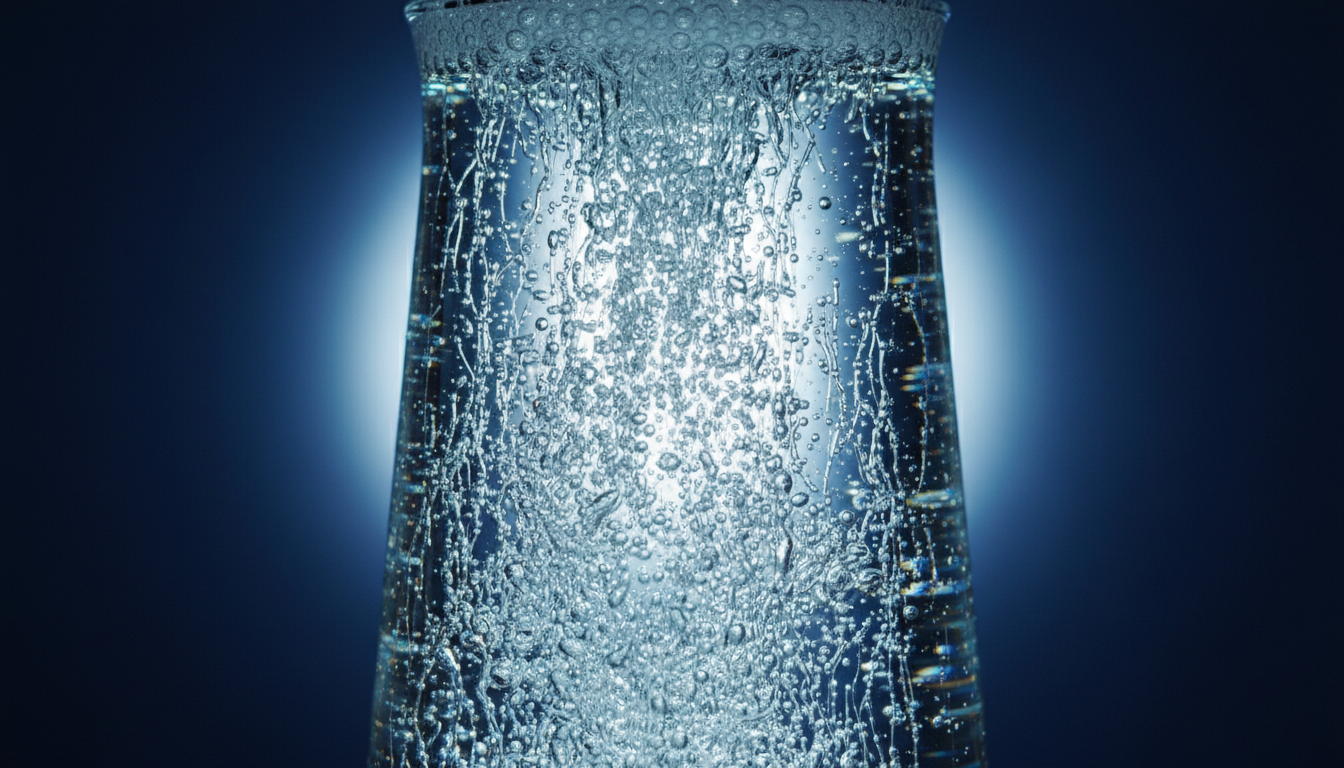 Streams of tiny bubbles rising through a tall glass of water representing hydrogen water machines