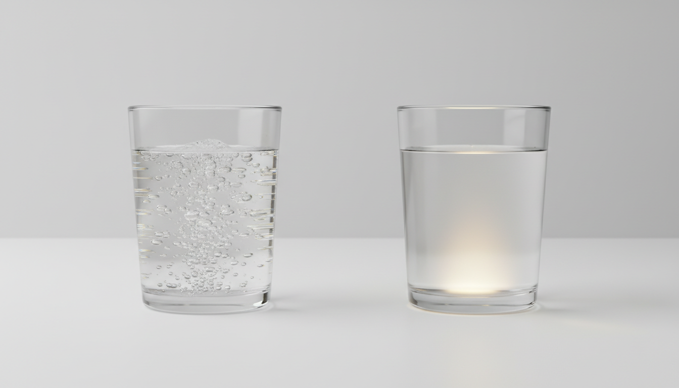 Two glasses of water side by side, one fizzing with fine bubbles and one softly lit, comparing hydrogen water and light-infused water