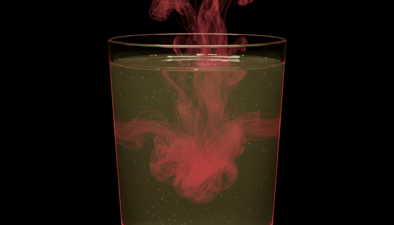 Murky water in a glass with faint red haze spreading through it representing water quality and chronic inflammation