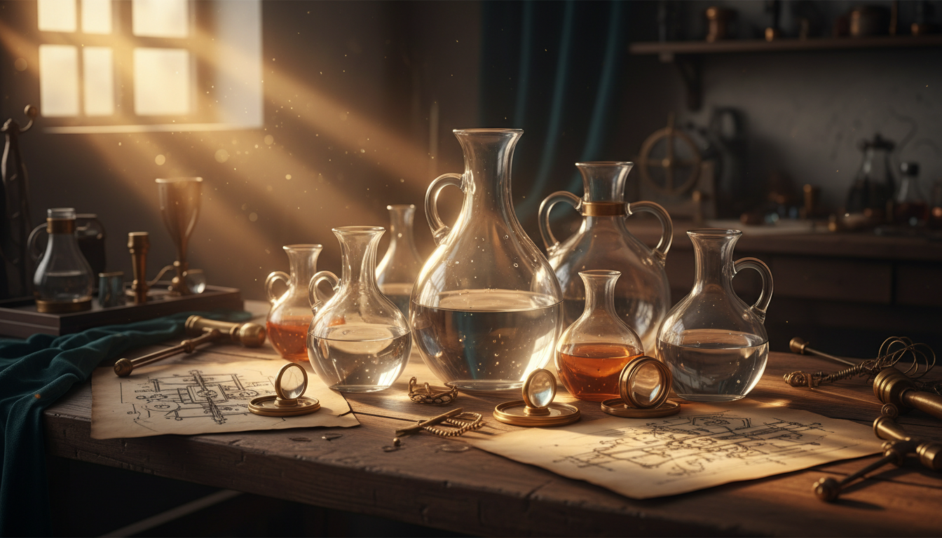 Inventor's workbench with glass water vessels and soft beams of light representing the invention behind light-infused water