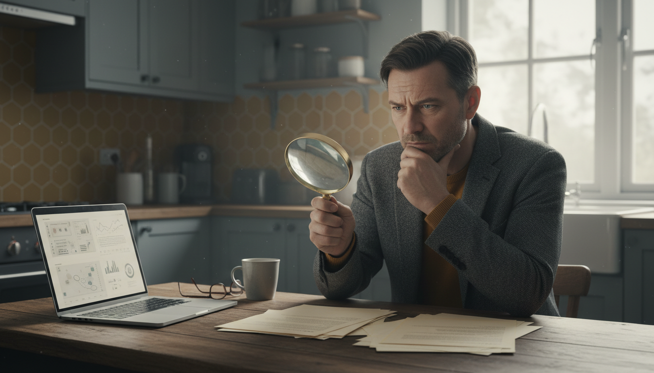 Man over 40 researching evidence at his kitchen table, an honest look at LifeWave