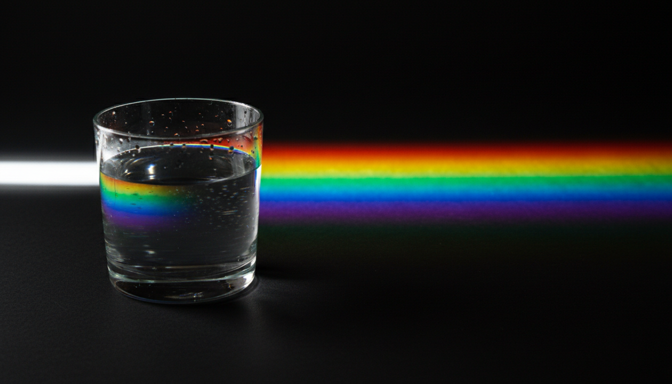 Beam of light passing through a glass of water creating a spectrum representing biophotonics and light science