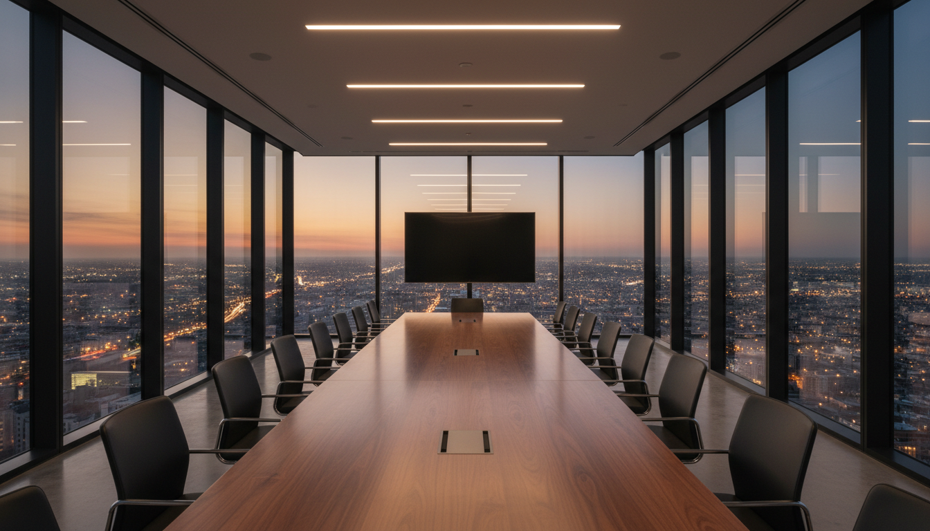 Long boardroom table with empty leather chairs and city views representing building a high-performing network