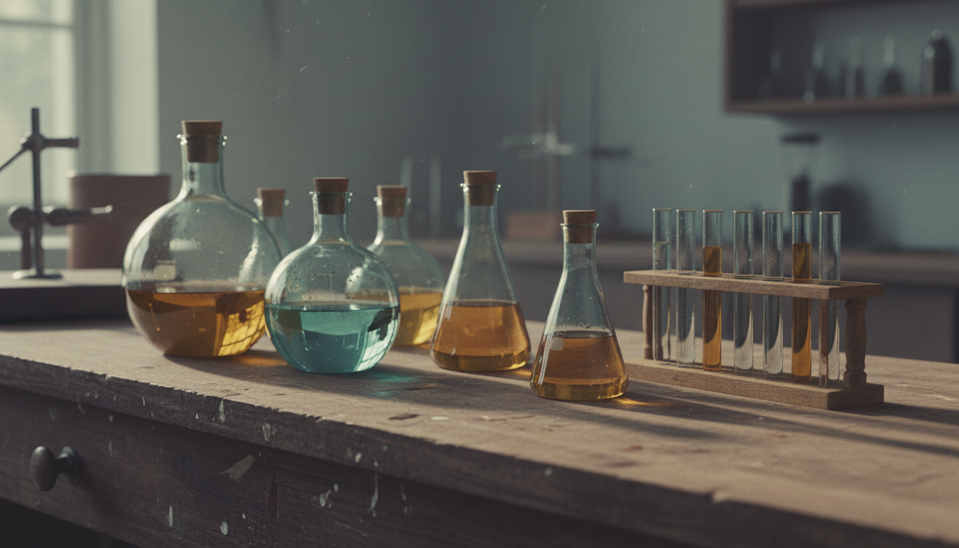 Vintage 1960s-style laboratory glassware with water samples representing outdated nitrate limits in drinking water