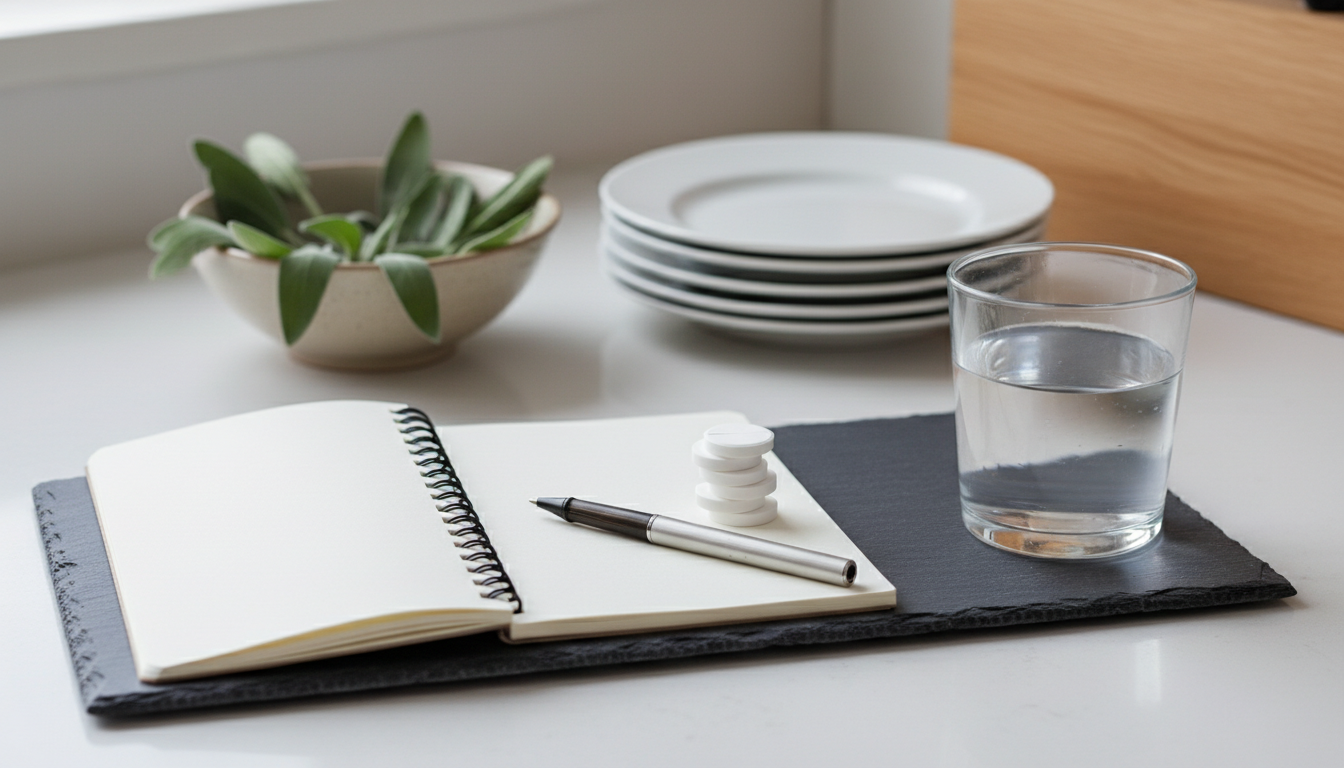 Small pile of white supplement tablets beside a notebook with a pen on a kitchen counter representing an honest supplement review