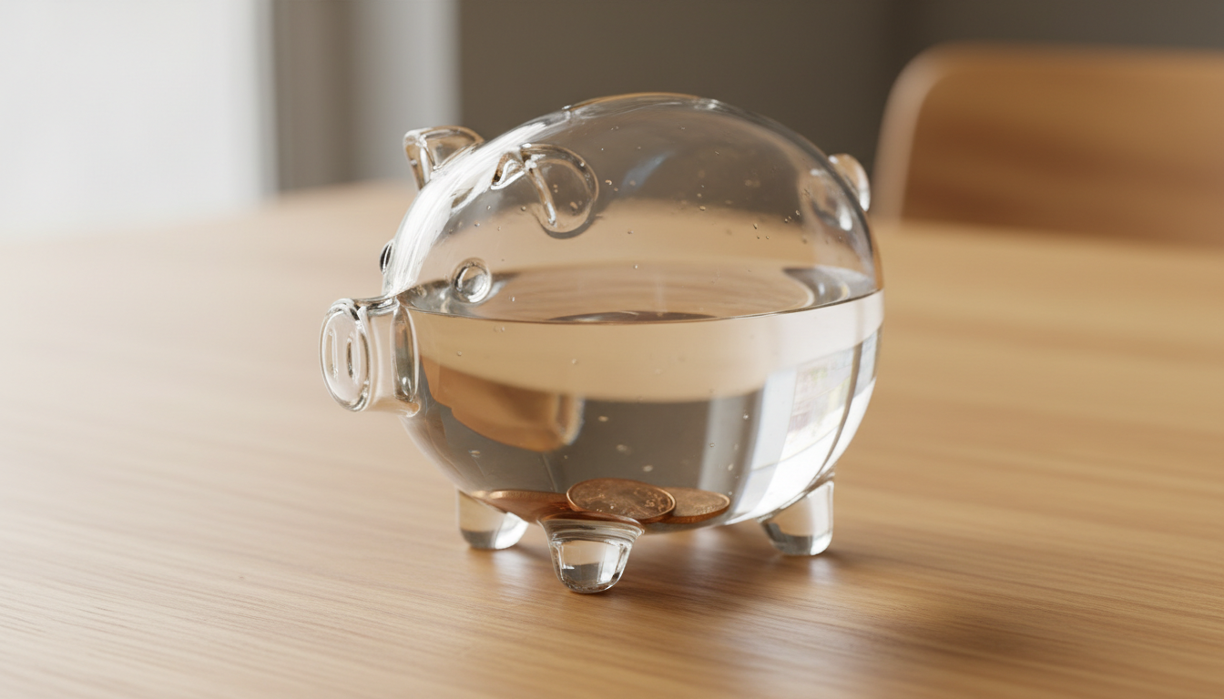 Glass piggy bank filled with water and a few coins representing price, financing and how to buy a water machine