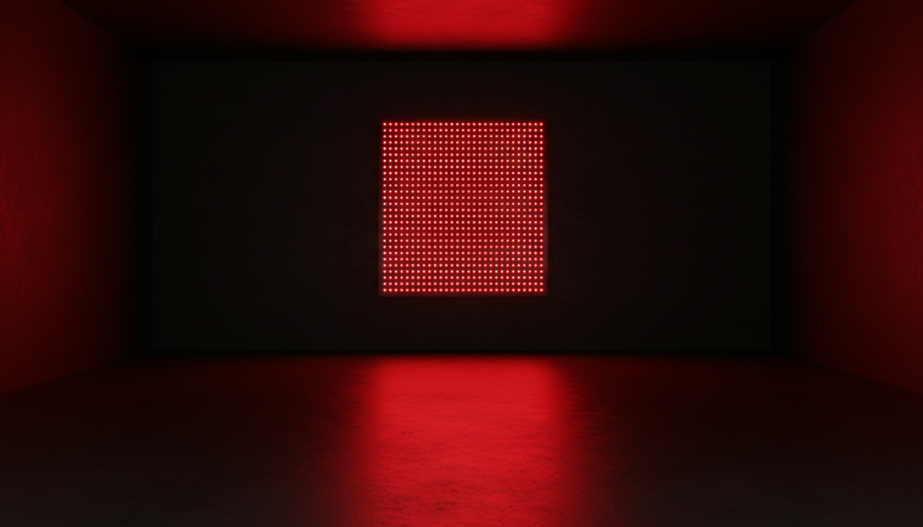 Red light therapy panel glowing in a dark minimalist room representing red light therapy science