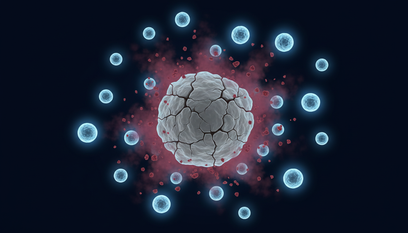 Microscopic-style illustration of a grey dormant cell releasing red inflammatory particles among healthy glowing cells representing senescent zombie cells