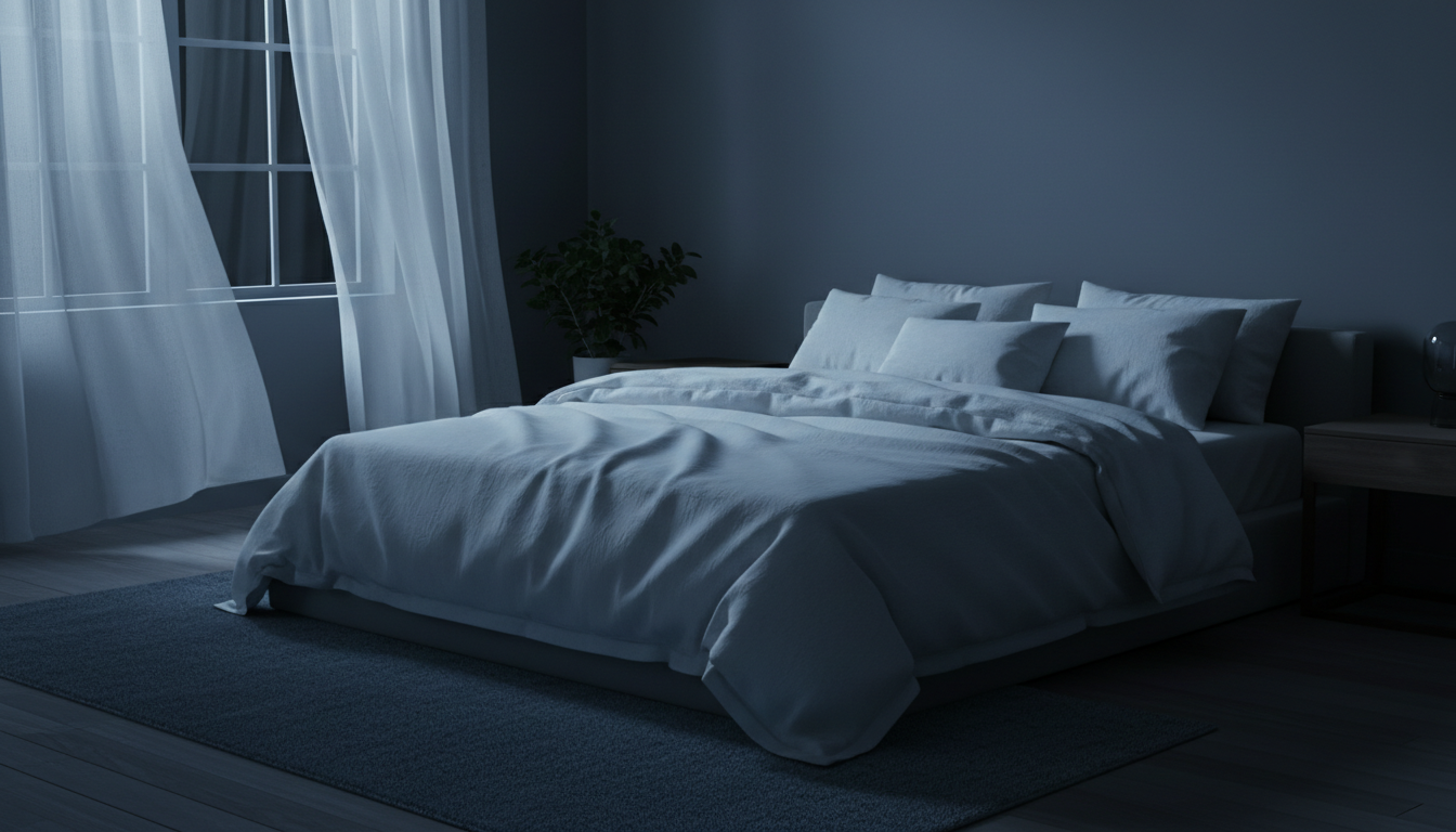 Calm dark bedroom with crisp white bedding and moonlight through the window representing better sleep after 40