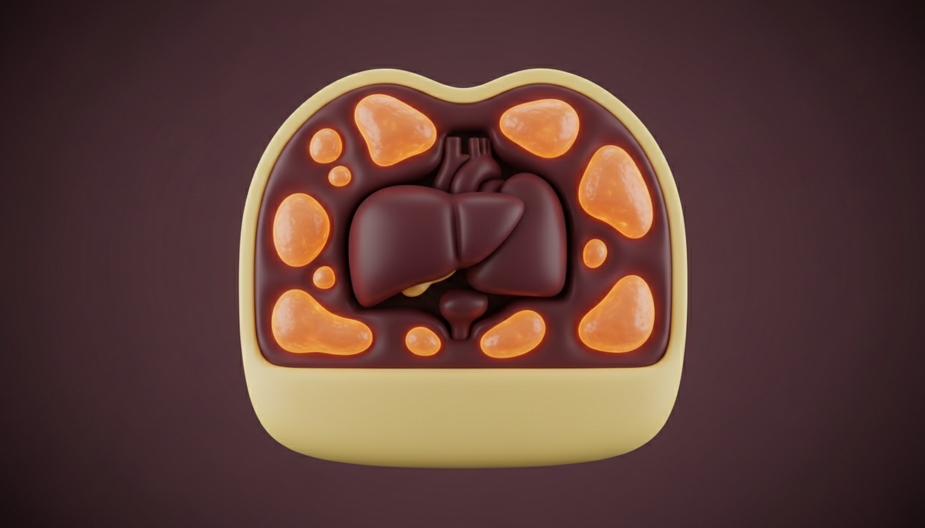 Abstract cross-section illustration showing an outer soft fat layer and deeper fat surrounding stylised organs representing subcutaneous and visceral fat