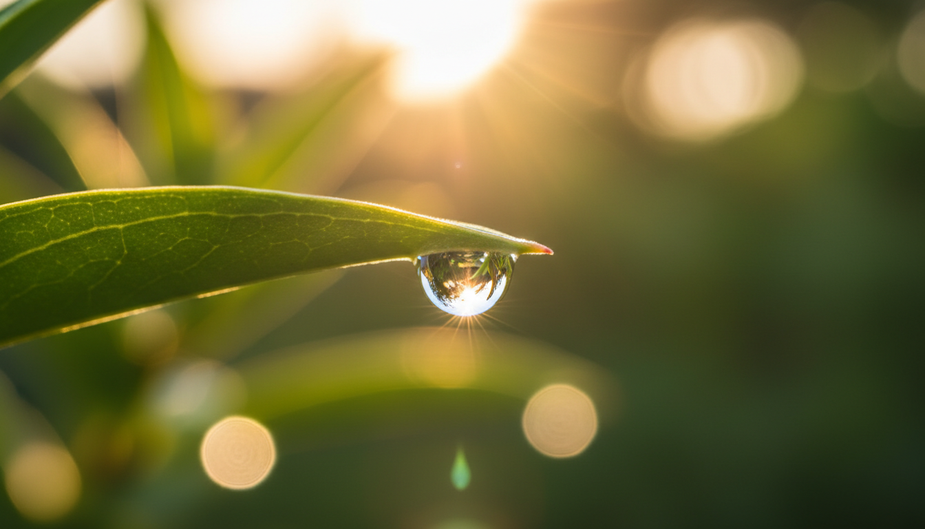 Sunlight streaming through a clear water droplet hanging from a leaf representing sunlight and cellular water