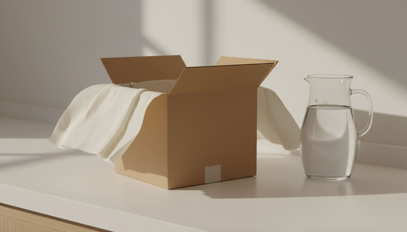 Open plain cardboard box with tissue paper and a generic glass water pitcher on a kitchen counter representing unboxing and setup