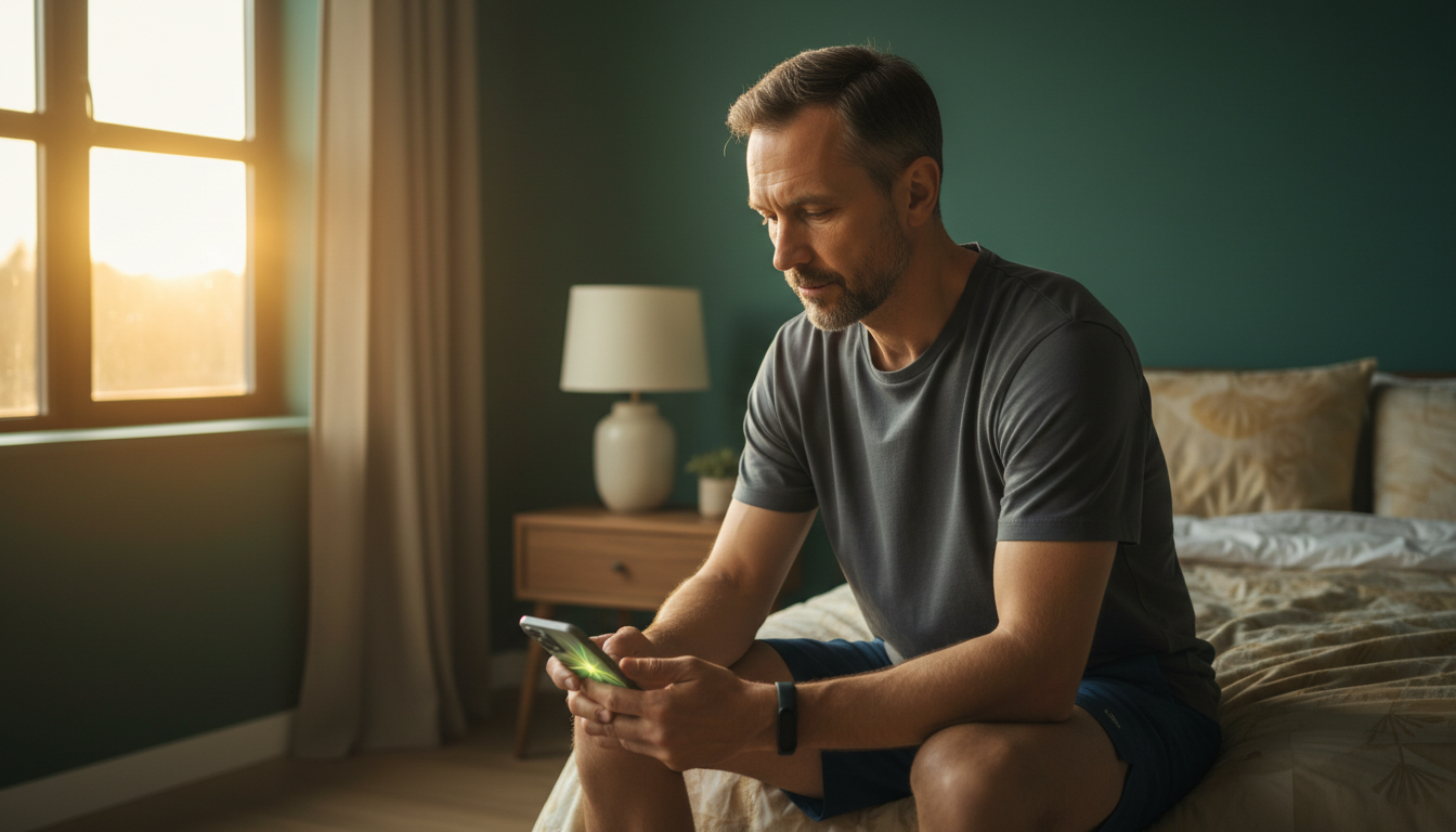 Man over 40 checking his morning recovery score in bed