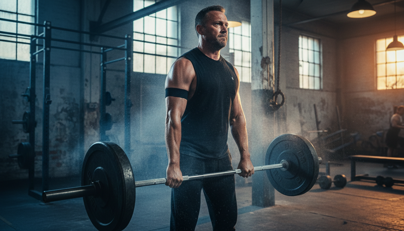 Man over 40 deadlifting while wearing a recovery band on his bicep