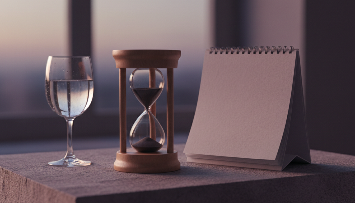 Calendar page and hourglass beside a glass of water representing a waitlist and early access to a water machine