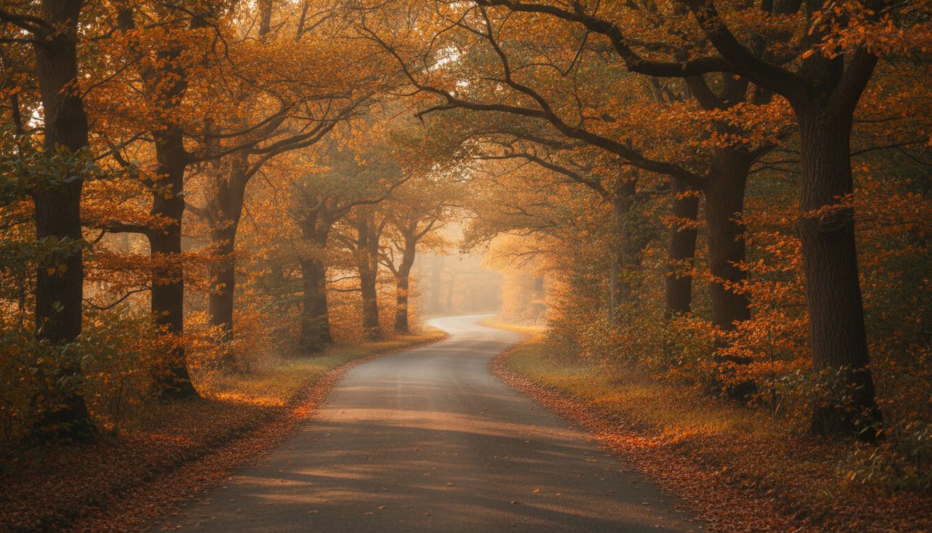 Quiet tree-lined country lane at golden hour after dinner representing walking after meals to lower blood sugar