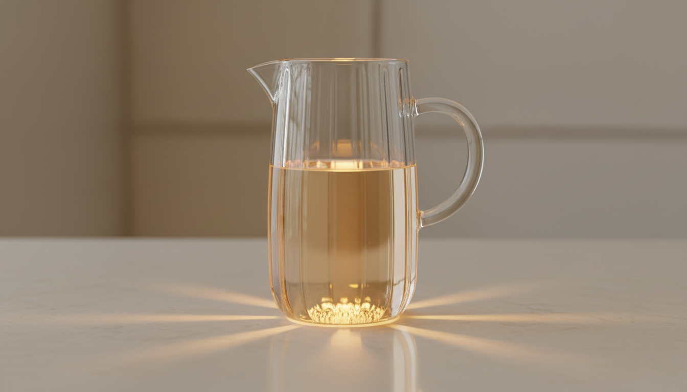 Clear water jug glowing softly with warm light on a kitchen counter representing light-infused water technology