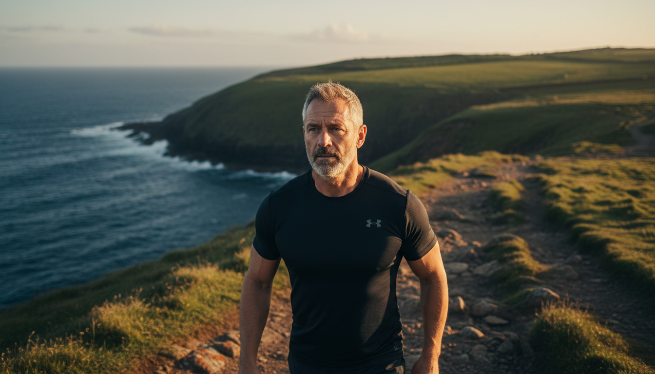 Fit man in his 50s walking a coastal path in Ireland at sunrise