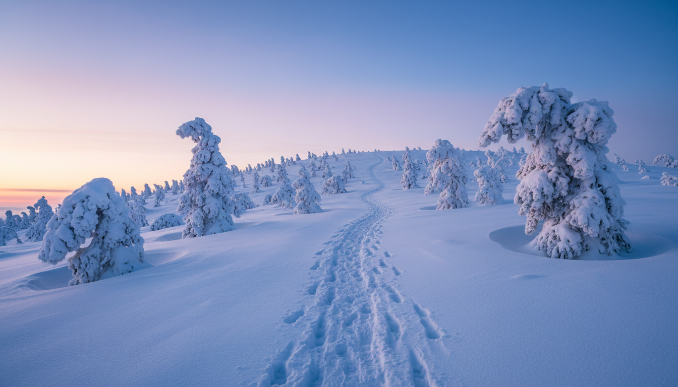 Frosty winter trail at dawn with footprints in the snow leading uphill representing the winter arc challenge